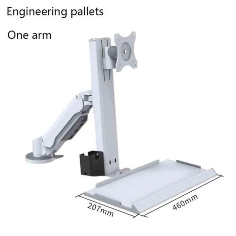 Top Shelf Single Monitor Stand With Smooth Air Pressure Lift And Roomy Keyboard Mouse Tray For Effortless Swivel Adjustments showing aluminum monitor arm with keyboard tray.