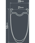Cross-section diagram of Dura-Ace R9270 C50 Carbon Road Wheelset, 50mm tubeless deep rim, 21mm internal, 28mm external.