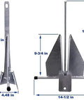 Portable Galvanized Fluke Anchor Kit for 12 to 22 Foot Boats includes 8 lb anchor, side and front view with measurements.