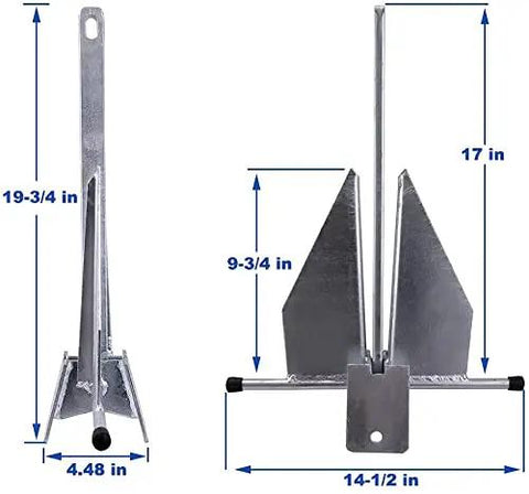 Portable Galvanized Fluke Anchor Kit for 12 to 22 Foot Boats includes 8 lb anchor, side and front view with measurements.