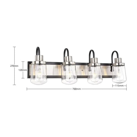Modern Black And Satin Nickel Vanity Light With Clear Glass Shades, 4-Bulb Indoor Wall Lamp For Farmhouse Bathrooms, size shown