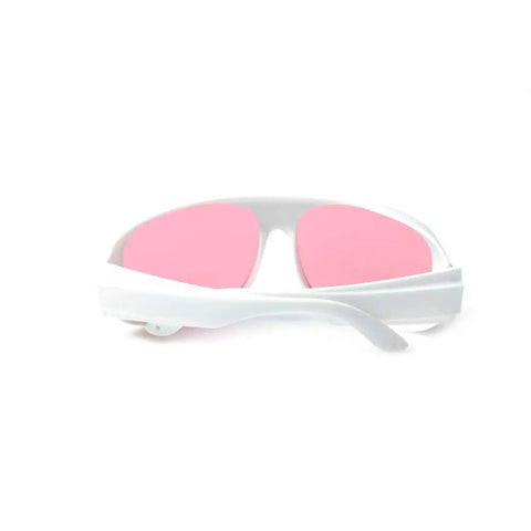 Front view of Premium Laser Safety Glasses For 755Nm And 808Nm Devices, featuring sealed white frame and pink lenses.