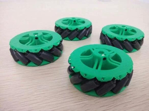 Mecanum omni wheels set: four green wheels with black rubber rollers, 64mm diameter for DIY robot projects