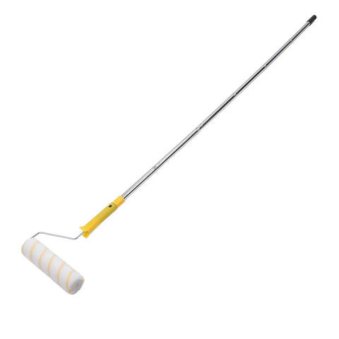 Pro Grade Paint Roller Kit Featuring Bend Resistant Stainless Steel Rods And A Nifty Drip Free Metal Tray with a yellow handle roller brush.