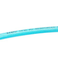Close-up of reinforced polyurethane air hose one quarter inch ID (6.3x9.8mm) 100 feet, transparent blue, lettering visible on surface.