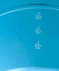Heavy Duty 55 Gallon Plastic Drum Stackable Industrial Storage Barrel Chemical Resistant Liquid Container Made From Tight Head High Density Polyethylene In Blue showing measurement markings for accurate filling.