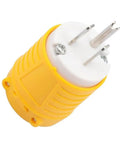 Heavy Duty NEMA 5-15P To Dual Receptacle Adapter 15 Amp 125 Volt rugged yellow plug with three prongs, designed for heavy equipment use.