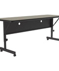 No Fuss Adjustable Flip Top Standing Desk Built Tough For Quick Workspace Swaps Locking Casters with black frame and sand laminate top.