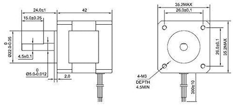 NEMA 14 bipolar stepper motor schematic with front and side views, 4 leads, mounting holes