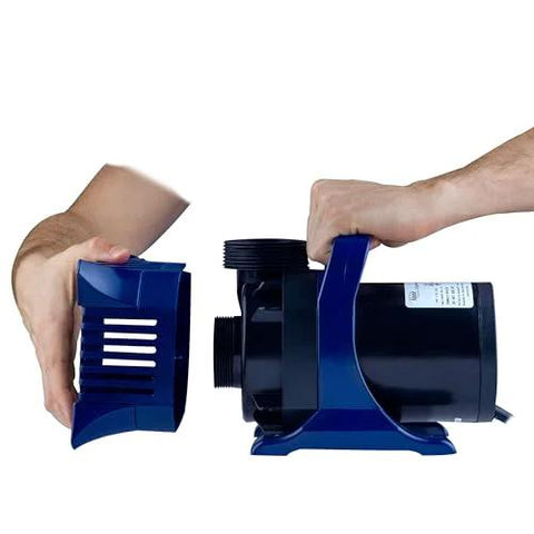 Submersible water pump with blue intake strainer cover and black motor housing (two-part)