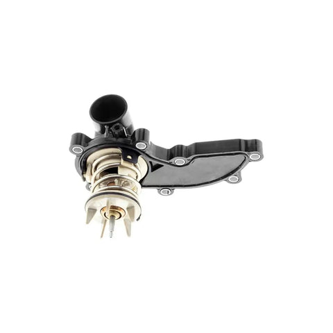 Heavy Duty Engine Coolant Thermostat Direct Swap Fix For Porsche Cayenne And Volkswagen Touareg Hella viewed from the front, showing detailed components.