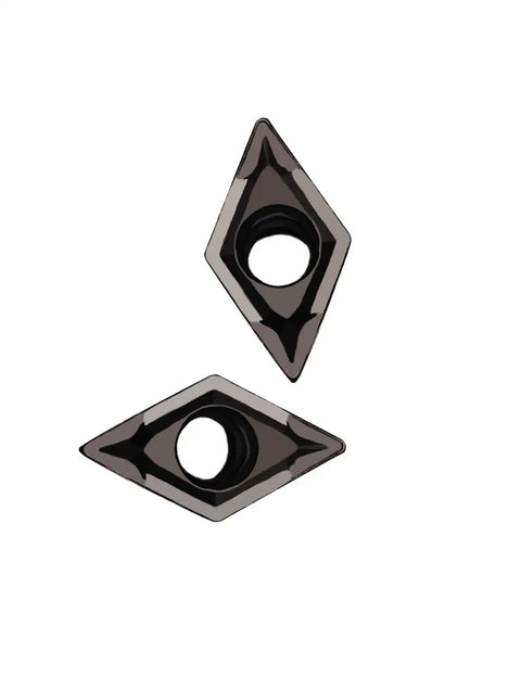 Two DCMT070204 diamond carbide turning inserts, 55-degree, purple-coated for steel and stainless machining, high-performance cutting tools.