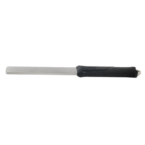 Beast Dual Grit Diamond Sharpening Stone File For Garden Tools And Blades, showing side view with handle and stainless steel body