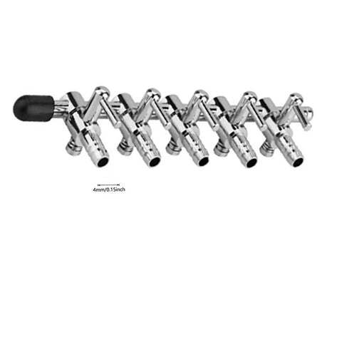 Premium Copper Nickel Plated Aquarium Air Valve Five Way Inline Manifold Flow Control Splitter With Adjustable Lever For Fish Tank, showing dual 4mm ports in a clear design.
