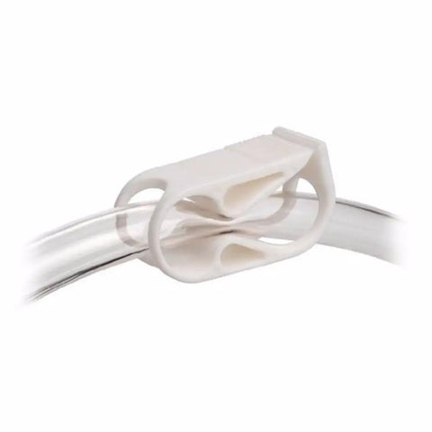 Small White Flow Control Hose Shut Off Clamp With 15-Position Adjustable Ratchet, fits one quarter inch or three eighth inch vinyl hose