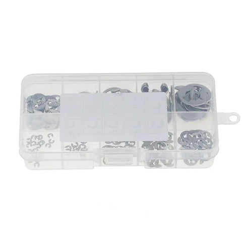 Pro Grade 304 Stainless Steel E Clip Washers Assortment Kit M1.5 To M10 Circlip Retaining Rings in clear plastic box, 200 pieces