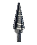 Heavy Duty Step Drill Bit 3/16 To 7/8 Inches With All Metal Ratcheting Chuck And Soft Grip Handle For Tough Metal And Plastic Drilling Built For Real World Tough Jobs Tough As Nails By Milwaukee Electric Tool standing upright showing multiple step sizes.