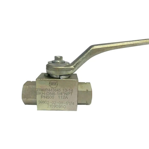 German Made Beefy Heavy Duty High Pressure Carbon Steel Ball Valve With Three Eighths Inch NPT Female Threads Handles Up To Seven Thousand PSI BKH Type Hydraulic Flow Control Two Port Shut Off Valve side view
