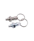 Rugged Stainless Steel Indexing Plunger With Smooth Grip Ring Handle And Retractable Pin For No Hassle Machine Alignment And Dependable Shop Floor Positioning Runs, two units with keyrings.