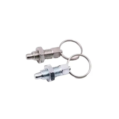 Rugged Stainless Steel Indexing Plunger With Smooth Grip Ring Handle And Retractable Pin For No Hassle Machine Alignment And Dependable Shop Floor Positioning Runs, two units with keyrings.