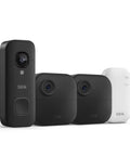 Top Tier Wireless Security Camera Setup With Two Year Battery Outdoor Lenses And Hardwired Smart Doorbell Boasting Crystal 2K Recording Plus 1080HD Coverage To Keep An Eye Outside Smack Dab On Your Welcome Mat with two black cameras and white hub