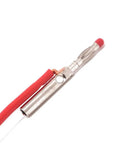 Close-up of a fully insulated 4Mm banana plug male stackable connector with banana jack adapter, red wire, nickel-plated brass construction