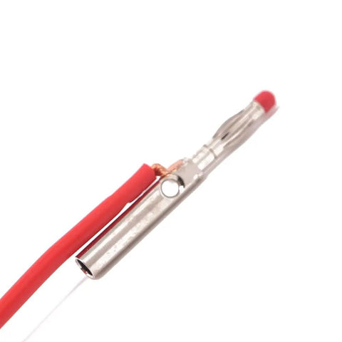 Close-up of a fully insulated 4Mm banana plug male stackable connector with banana jack adapter, red wire, nickel-plated brass construction