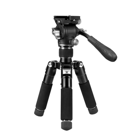 Mini Tripod With Hydraulic Head For Mini And 3 Smart Telescopes with built-in bubble level and adjustable legs, front view.