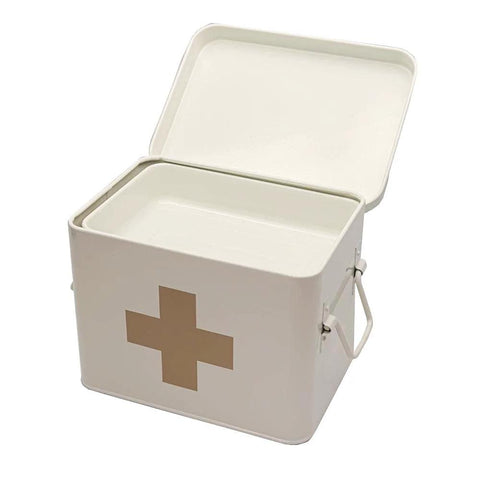 White metal first aid box, front view with lid open, includes removable tray and tan cross emblem, retro enamel