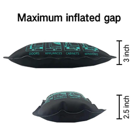 Pro Grade Commercial Air Wedge Bag 2 Pack with Quick Release Pump showing maximum inflated gap for leveling, 3 and 2.5 inch heights.