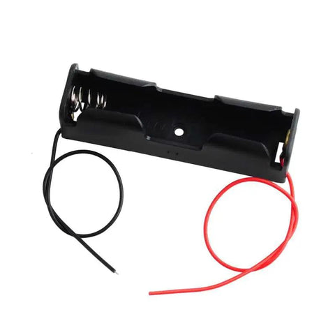 Badass 5 Pack 18650 Battery Case Holders With Pre Stripped Wired Leads For 3.7V Rechargeable Cells No Fuss showing single black plastic battery case with leads.