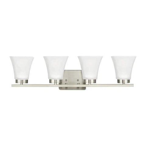 Bayfield Four Light Bath And Wall Light Fixture With Satin Etched Glass Shades In Brushed Nickel Finish 27.5 Inch Wide
