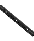 Close-up of a 15mm aluminum cheese rod with threaded holes, part of the 2 Pack 15mm Cheese Rod With M12 Threads and 1/4 3/8 Screw Holes, Aluminum Camera Rail Support For DSLR Rigs And Matte Boxes, Built Different Pro Setup Gear.