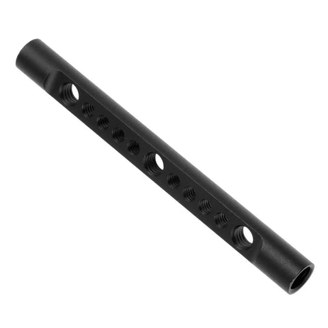 Close-up of a 15mm aluminum cheese rod with threaded holes, part of the 2 Pack 15mm Cheese Rod With M12 Threads and 1/4 3/8 Screw Holes, Aluminum Camera Rail Support For DSLR Rigs And Matte Boxes, Built Different Pro Setup Gear.