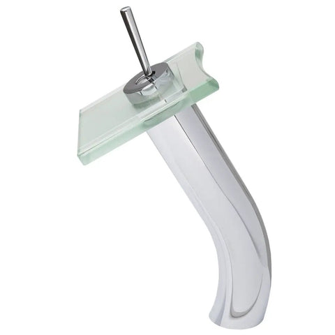 Image of Squared Single Lever Waterfall Vessel Faucet With Pop Up Drain in Chrome Clear Glass Finish, shown in a deck mount design.