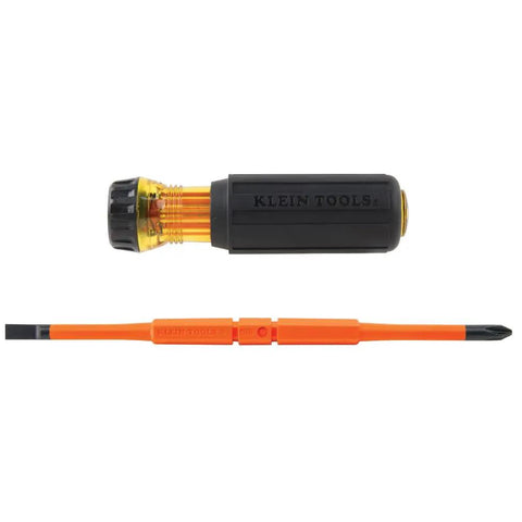 Insulated Flip Blade Screwdriver Set Two In One With Phillips Size Two And Slotted One Quarter Inch Tips Double Ended Blades Pro-Grade 1000 Volt Rating Quick Release Blade Lock Slim Tip For Tight Terminal Blocks with visible blades and handle.