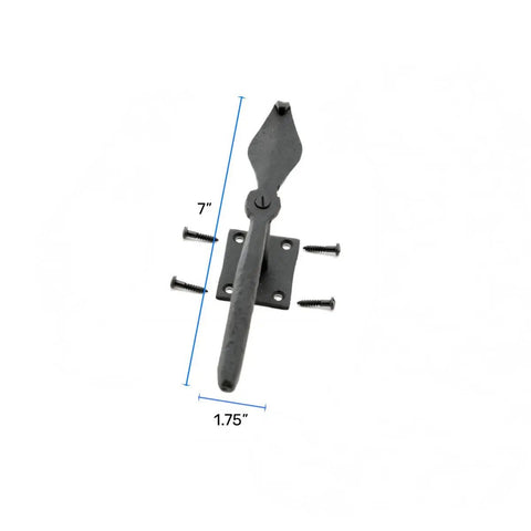 7 Inch Black Spoon Shaped Wrought Iron Shutter Dog with mounting hardware for exterior shutters, weatherproof and rust resistant.