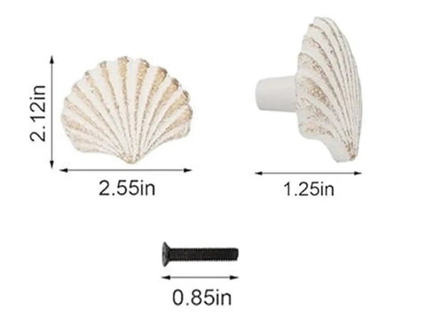 Seashell Cabinet Knobs Set of 2 Ocean Nautical Cast Iron Drawer Pulls With Gold Highlights Beachy Coastal Style Great for Dresser Wardrobe Cupboard Kitchen or Bathroom Hardware White Finish, 2.55in
