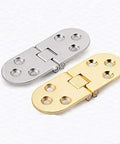 Brass and silver flush-mounted folding furniture hinge with self-locking design for cabinets, doors, tables, and closets displayed on white background