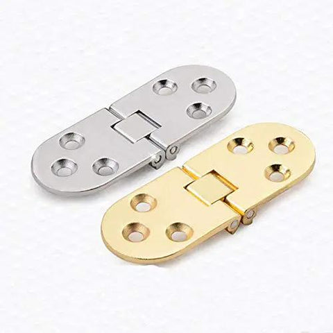 Brass and silver flush-mounted folding furniture hinge with self-locking design for cabinets, doors, tables, and closets displayed on white background