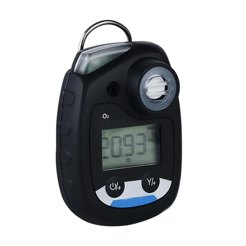 Front view of black handheld O2 gas detector with LCD display and back clip