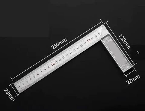 Digital Caliper, Aluminum Alloy Square Ruler 90 Degree Measuring Tool Gauge showing dimensions 250mm x 120mm x 22mm.