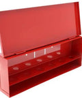 Rock Solid Red Fire Sprinkler Head Storage Cabinet With Six Secure Compartments Wall Mounted Rack Meets NFPA Codes, opened view.