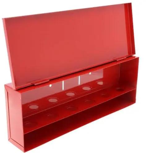 Open view of the Rock Solid Red Fire Sprinkler Head Storage Cabinet With Six Secure Compartments Wall Mounted Rack.