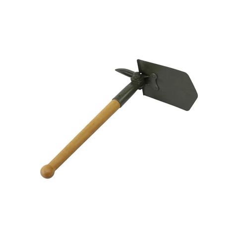 German Style Folding Shovel With Hoe And Blade, Heavy Duty Steel Multi Tool, wooden handle, unfolded, for camping and hiking.