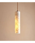 Alabaster Pendant Light Natural Marble Long Tube Hanging Lights with Wood Ceiling Canopy Modern Nordic Mini Pendant Lamp for Kitchen Island Bedroom Hallway(25 * 6cm) in soft glow, cylindrical design.