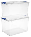 Six Pack Of 66 Quart Clear Plastic Storage Containers With Sleek Blue Latching Lids Designed For Heavy Duty Stackable Organization And Hassle Free Clutter Control In Your Living Room Or Home Office - two stackable bins with clear base and blue lids.