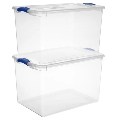 Six Pack Of 66 Quart Clear Plastic Storage Containers With Sleek Blue Latching Lids Designed For Heavy Duty Stackable Organization And Hassle Free Clutter Control In Your Living Room Or Home Office - two stackable bins with clear base and blue lids.