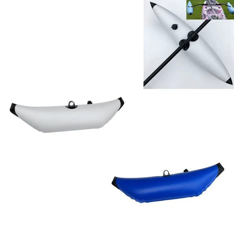 White and blue inflatable outrigger stabilizer for kayak and canoe, lightweight portable float with paddleboard style.