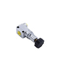 Professional Grade Precision Engineered Adjustable Disc Brake Proportioning Valve Billet Aluminum Block For Street Rod Or Custom Hot Rod Build 100 To 1000 Psi shown from the side with adjustment knob and ports.